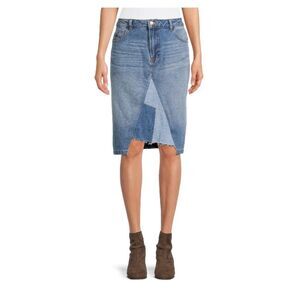Patchwork Tri Denim Medium Wash Midi Skirt